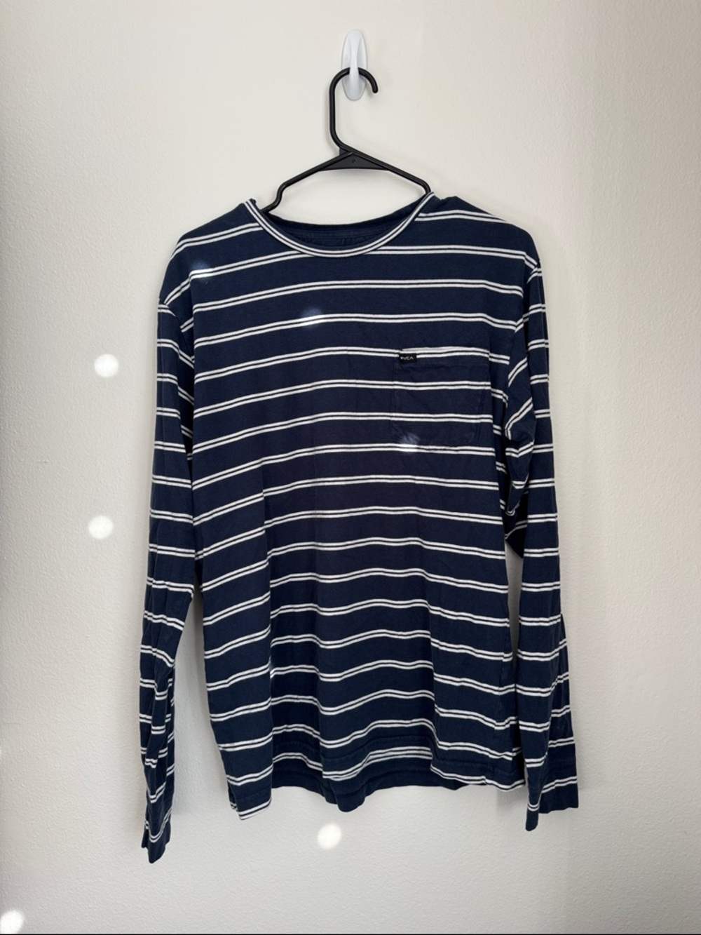RVCA Navy and White Striped Long-Sleeve Pocket Tee